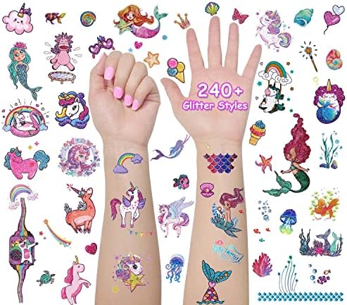 Glitter Mermaid & Unicorn Temporary Tattoos for Kids, 24 Sheets Girls Waterproof Fake Tattoos Stickers Kit 240+Pcs, Ideal for Slumber & Birthday Party Supplies, Themed Parties Favors, Gifts, Goodie Bags Fillers