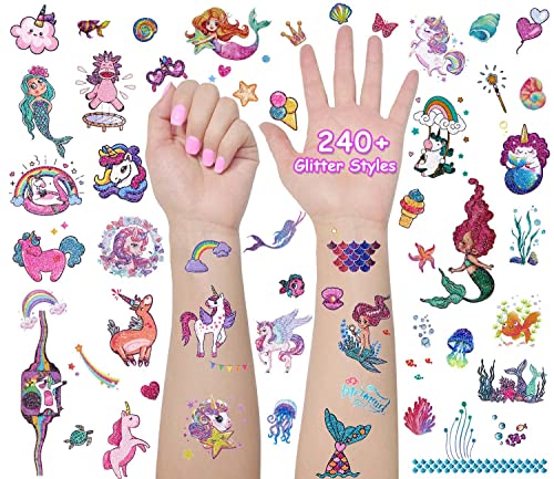 Glitter Mermaid & Unicorn Temporary Tattoos For Kids, 24 Sheets Girls Waterproof Fake Tattoos Stickers Kit 240+Pcs, Ideal For Slumber & Birthday Party Supplies, Themed Parties Favors, Gifts, Goodie Bags Fillers #TOP2