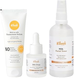 Vilvah Everyday Care Milk Combo | Face Toner + Brightening Serum + Melt-in-Milk Sunscreen SPF50 | Hydrates, Brightens & Pr... Price In India