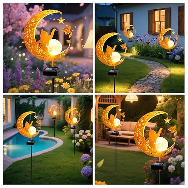 ZNYCYE Solar Lights Outdoor Decorative Moon Cat Butterfly Solar Stake Lights Birthday Gifts for Women mom Grandma, Garden Decor Waterproof for Walkway, Yard, Lawn, Patio (Warm White)