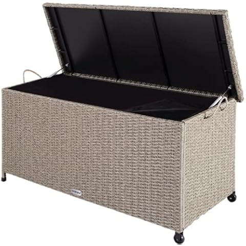 Casaria Auflagenbox Wasserdicht 2 Gasdruckfedern Rollbar Garten Polyrattan Sitztruhe Innenverkleidung 360L 122x56x61cm Creme UV-beständig Cover