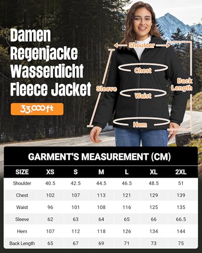 33,000ft Damen Regenjacke Übergangsjacke Wasserdicht Winddicht Fleece Lined Jacket Atmungsaktiv Warme Leichte Wanderjacke mit Kapuze Schwarz M