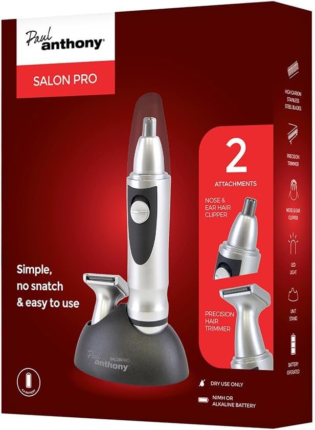 Paul AnthonySalon Pro Nose & Beard Trimmer - High Carbon Steel Blades - Nasal Clipper & Trimmer Heads - LED Light Illumination - Battery Operated - Includes Stand - Silver - H5130BK