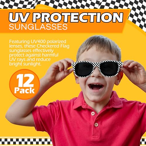 4E's Novelty 12 Race Car Checkered Sunglasses for Kids Bulk 12 Pack with UV400 Protection, Racecar Party Favor Supplies, Summer Pool Beach Accessories, Racing Theme Birthday Gifts3