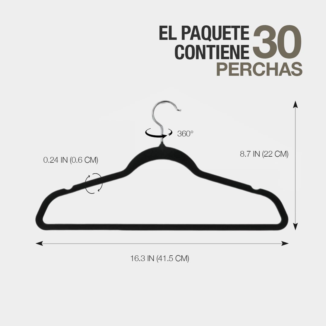 + 30Club Grucce Appendiabiti in Velluto - Appendiabiti Antiscivolo - grucce appendiabiti salvaspazio - Rotazione Argento Gancio Girevole a 360º - Grucce Salvaspazio armadio (30 pezzi - Nero)