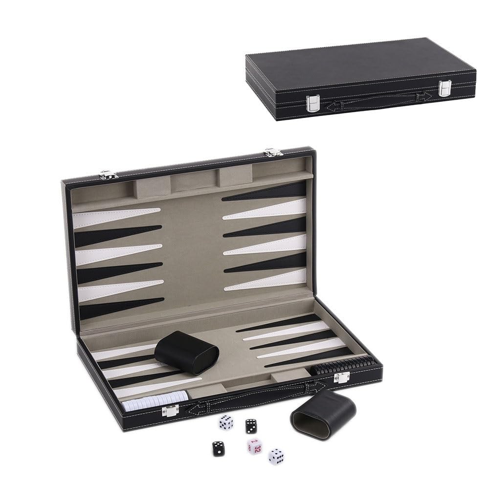 schachspiel 15-Zoll-Backgammon-Set, schwarzes PU-Leder-Brettspiel mit Strategie und Anleitung, Klassische Reisespiele for 2 Spieler for Erwachsene und Kinder