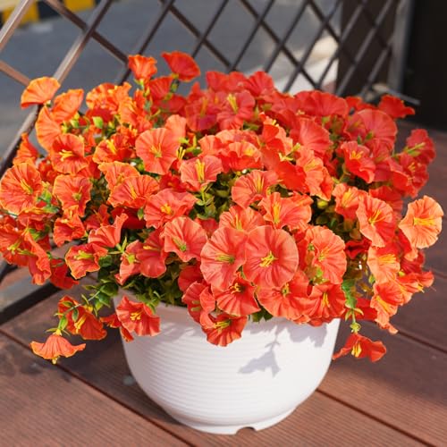 Image of Artificial Flowers for Outdoors, UV Resistant Fake Silk Morning Glory, Realistic Faux Plants for Outside Porch Patio Window Box Hanging Planter (16, Orange)