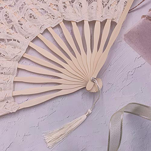 Folding Hand Fan,Womens Lace Fan Elegant Cotton Fans Handmade Vintage Retro Fans with Bamboo Staves and Silk Tassels for Wedding Bridal Shower Dancing Party