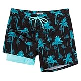 SURF CUZ Mens Swim Trunks with Compression Liner 5' Swim Shorts Quick Dry Bathing Suit Swimming Trunks Zipper Pockets Turquoise Palm Tree Medium