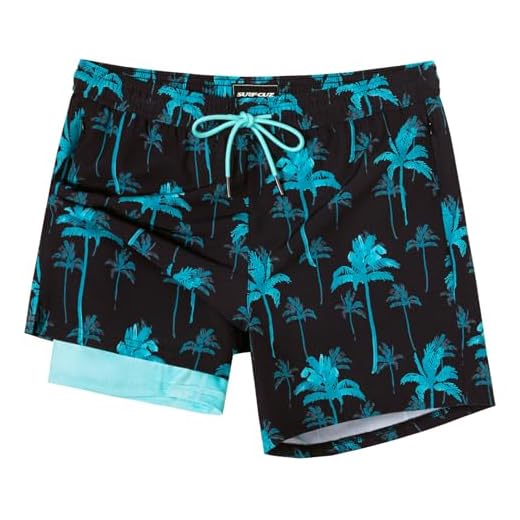 SURF CUZ- Calção de banho masculino com forro de compressão 5" Shorts de banho de secagem rápida Calção de banho com zíper Bolsos Turquesa Palmeira Grande