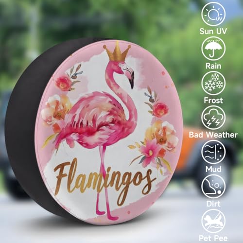 Image of Spare Tire Cover for RV Trailer, Flamingo Flower Tire Covers Universal Fit for Travel Trailer Camper Jeep RV SUV Truck Waterproof Wheel Cover (14 inch for Diameter 25 inch - 27 inch)