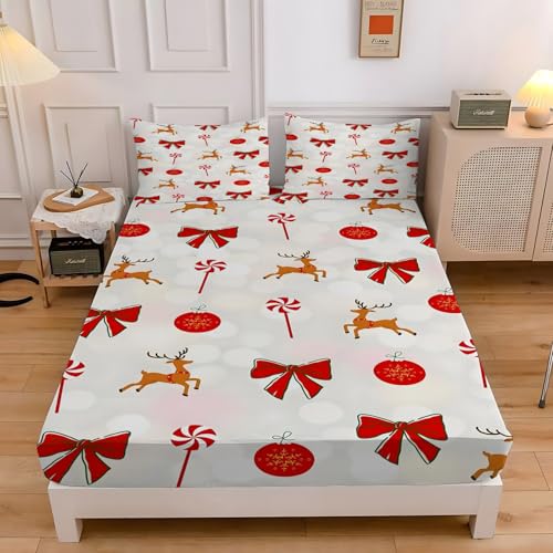 リボンキングサイズ ボックスシーツトナカイベッドカバー柔らかい通気性マイクロファイバー 3点セット防ダニ高反発 吸水 速乾 抗菌 防臭 防ダニと 2 枕カバー43x63 cm着脱簡単 丸洗い可能 マットレスカバー180x200x30 cm