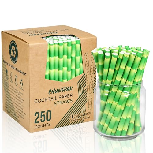 chunspak - Chunspak 5.75" x 0.31" Green Bamboo Disposable Paper Drinking Straws for Short Drinks, Blended Cocktails, Margaritas, Smoothies, Milkshakes - Unwrapped [250 Counts]