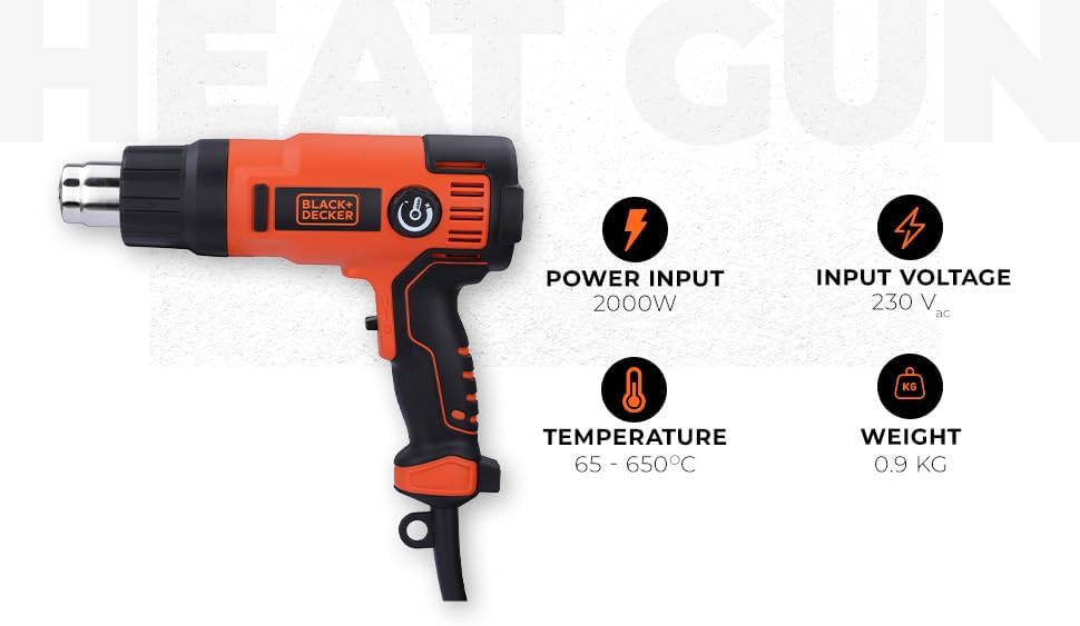 Image showing the BLACK+DECKER Heat Gun with overlaid specifications: Power Input 2000W, Input Voltage 230V, Temperature 65-650°C, Weight 0.9 KG.