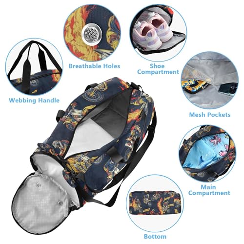 Motocross Fire Sports Duffle Bag for Teens Girls Boys, Gym Bag with Shoe Compartment, Kids Travel Overnight Weekender Shoulder Bag4