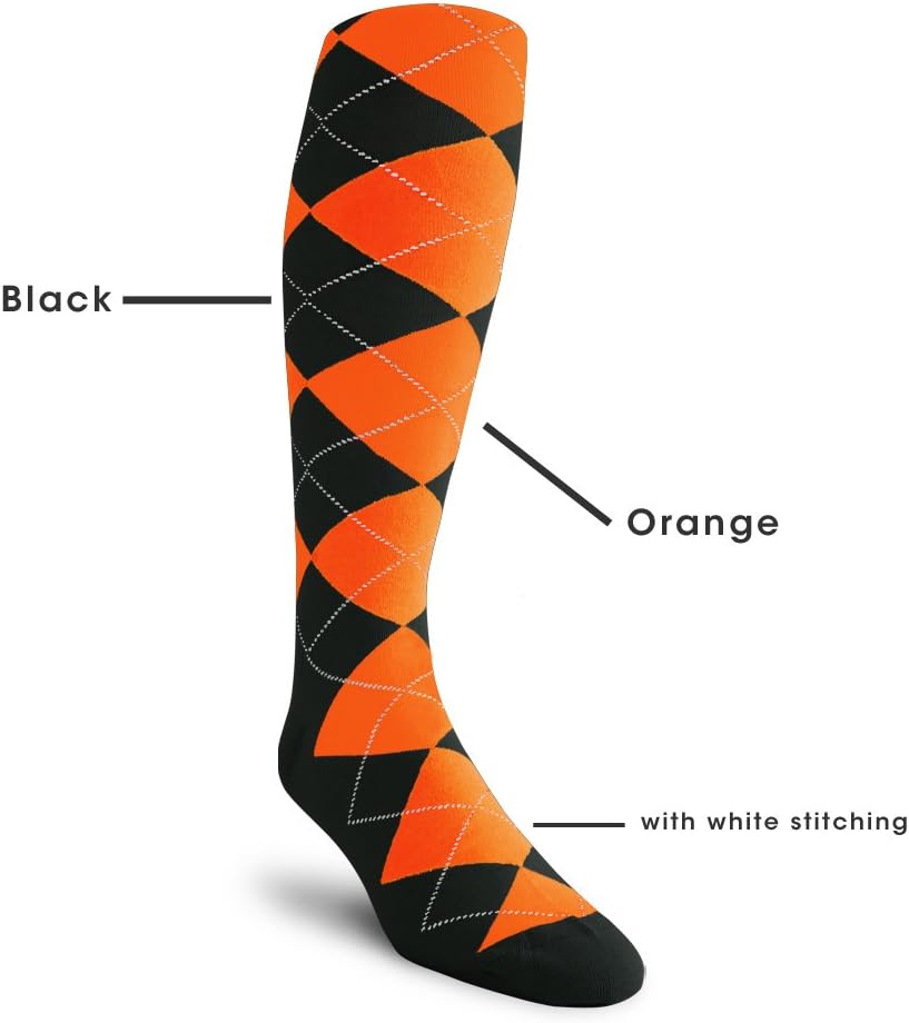 Golf Knickers Colorful Knee High Argyle Cotton Socks For Men Women and Youth (AA-ZZ) Black/Orange 10-13