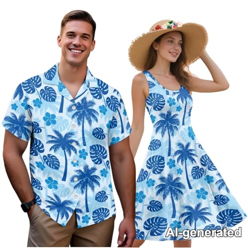Image of Hawaii Matching Couple Outfits Husband and Wife Clothing Fashionable Mens Casual Shirts Hawaii Dress with Soft Fabric