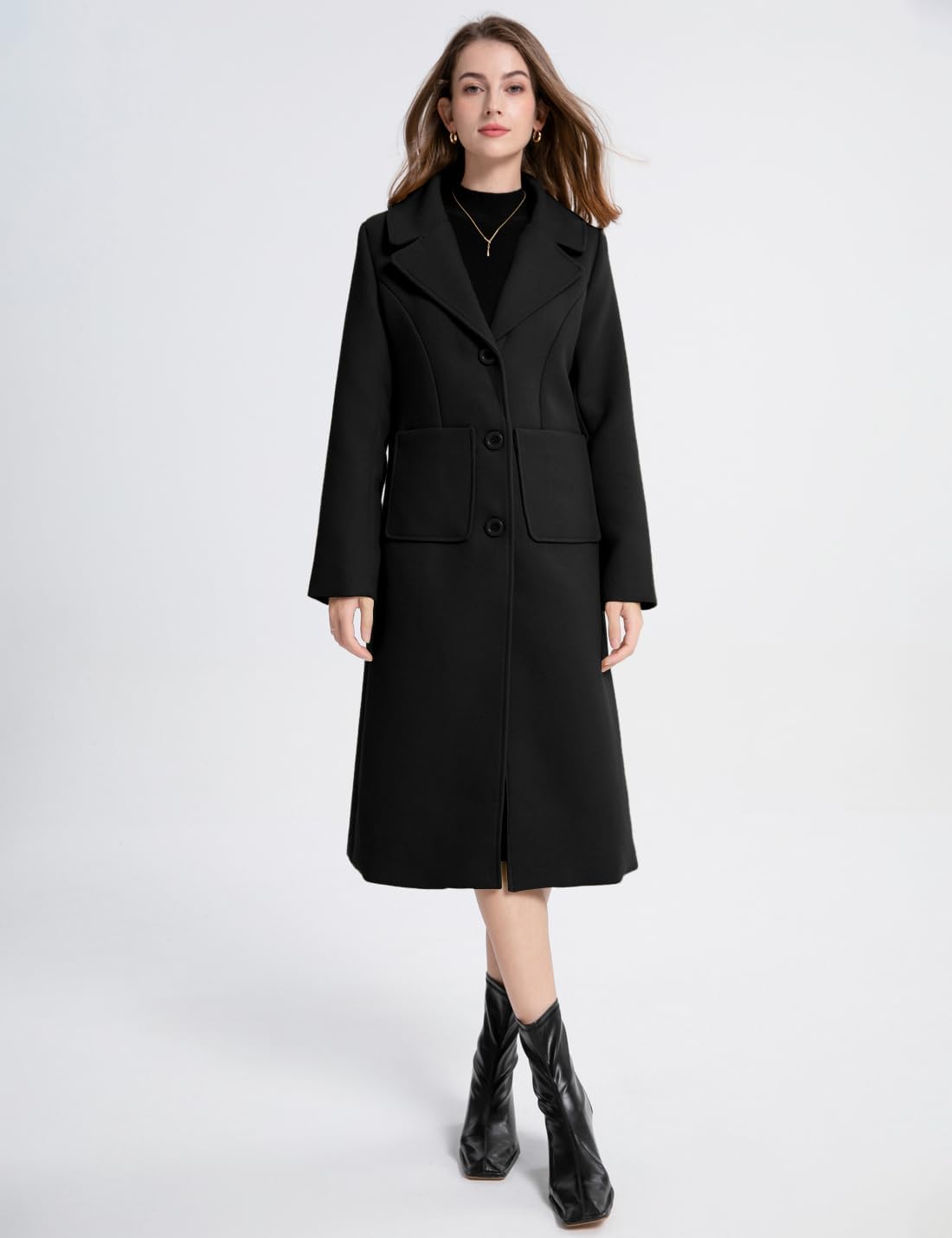 Nomwioke Women's Winter Casual Wool Blend Coat Notch Lapel Single Breasted Loose Mid Long Pea Coats Trench Jacket - Image 6