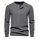 Men's Waffle Knit Henley Shirt Long Sleeve Soft Casual Pullover Top Buttons Solid Color Textured Crew Neck Shirt