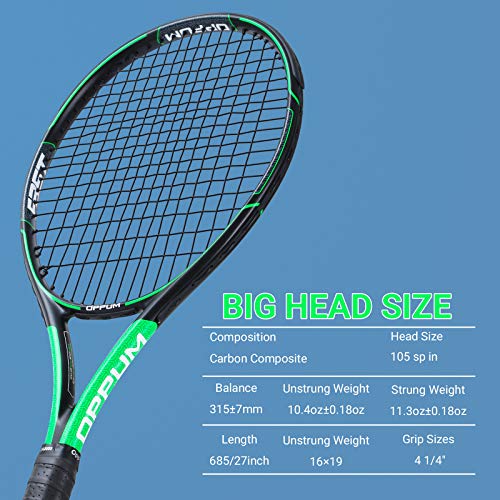 Oppum Adult Carbon Fiber Tennis Racket, Super Light Weight Tennis Racquets Shock-Proof And Throw-Proof,Include Tennis Bag Tennis Overgrip (T200 -(Black Green), 4 1/4) #TOP1
