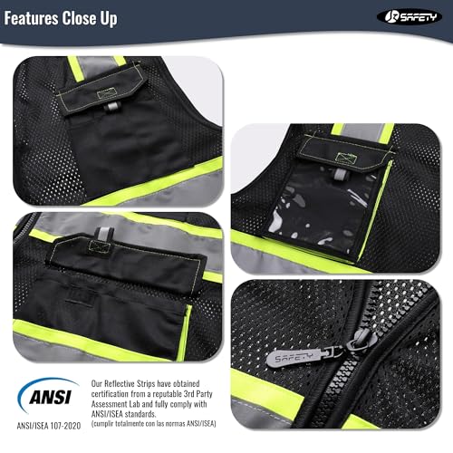 Image of JKSafety Hi Vis Reflective Safety Vests for Men Women High Visibility Vest with Pockets Mesh Fabric Construction Safety Apparel Neon Vest for Work (220-Black S)