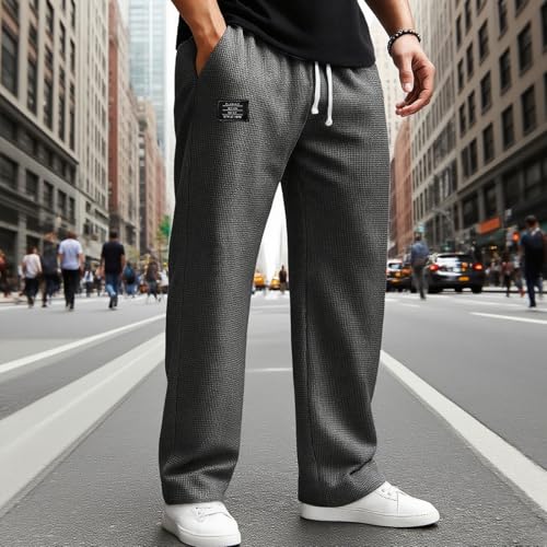 Mokaloha Mens Waffle Pants, 2025 New Men's Casual Waffle Embroidered Logo Elastic Waist Loose and Comfortable Trousers2
