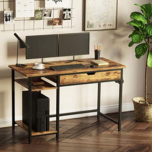 Rolanstar Computer Desk With Shelves And Drawer, 39" Home Office Writing Desk, Laptop Study Table Workstation, Retro Industrial Design, Stable Metal Frame, Rustic Brown #TOP1