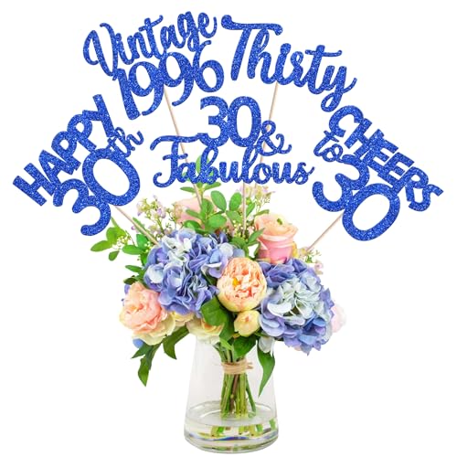 Image of 15 PCS 30th Birthday Centerpiece Sticks Thirty Happy 30 Vintage 1996 Table Flower Centerpieces Sticks Cheers to 30 Fabulous Floral Decorations for 30th Birthday Party Supplies Blue