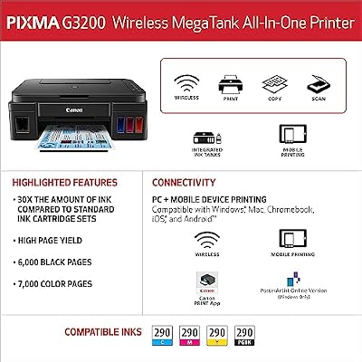 Canon G3200 All-In-One Wireless Supertank (MegaTank) Printer| Copier| Scanner| and Mobile Printing, Black, 6.5 x 17.6 x 13 (0630C002)