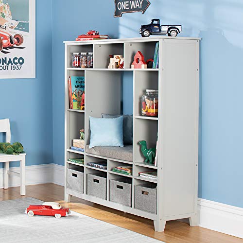 MARTHA STEWART Living and Learning Kids' Storage System (Gray) â€“ Wooden Cubby with Removable Seat Cushion and Storage Bins; Reading Nook Bookcase and Bedroom Organizer