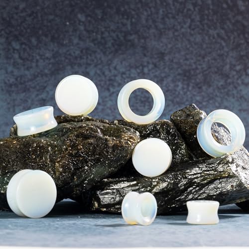 Opal Ear Gauges Set (00G-1"), 4 Pack Glossy Solid Plugs & Hollow Tunnels, Synthetic Icy Blue Stone for Sensitive Ears4