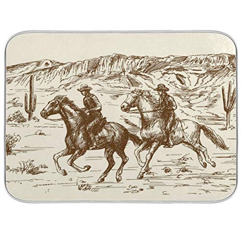 Wellday Western Desert Cowboy Dish Drying Mat Reversible Microfiber Super Absorbent Kitchen Countertops With Hanging Loop #TOP11