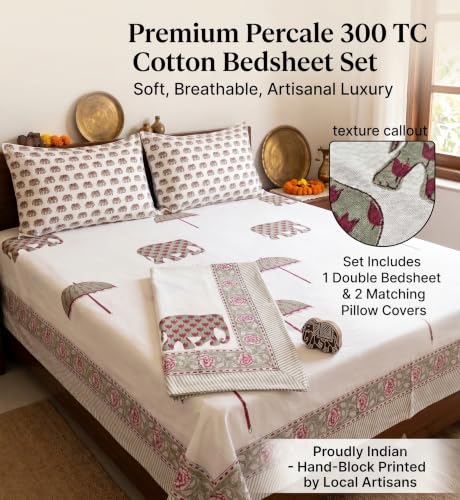 Image of Premium Bedsheet with 2 Pillow Covers I Hand Block I Pure & Soft Percale Cotton I 300 TC I 90x108 inches (King Size Double Bed Luxury Bedcover) I Elephant Print I Pink & Green