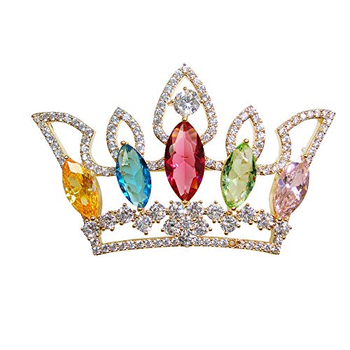 TTjewelry Woman's Beautiful Multi-Color Crown Zircon Crystal Woman Brooch Pin Gold Tone