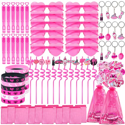 TKNOUS 122pcs Pink Party Favors for Girls, Pink Girls Birthday Party Favors Kit Keychain Bracelet Bubble Stickers Straws Heart Sunglasses Gift Bag Hot Pink Princess Birthday Party Supplies