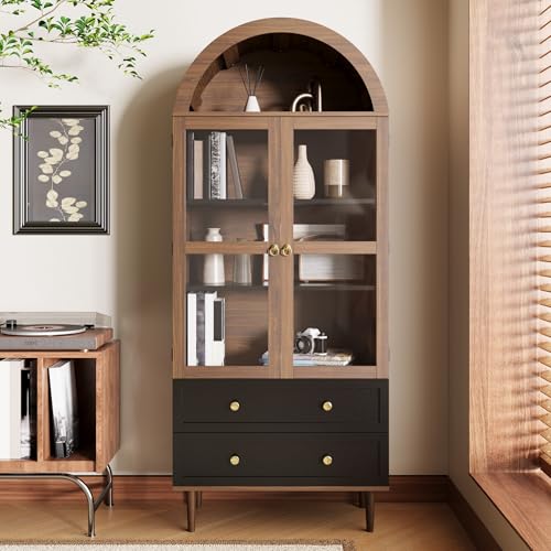 Juabett Gewölbte Glas Vitrine mit Verstellbare Regale, 70*38*165cm Vitrinenschrank mit Glastüren, Bogen Glasvitrine mit 2 Schubladen &4 Display Regale, Walnuss Standvitrine für Wohnzimmer Schlafzimmer