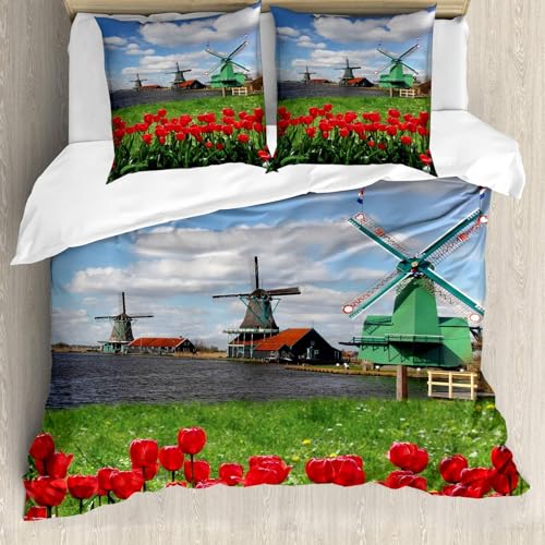 California King Duvet Cover Netherlands Comforter Covers 3D Printed Country Windmill Flowers Duvet...