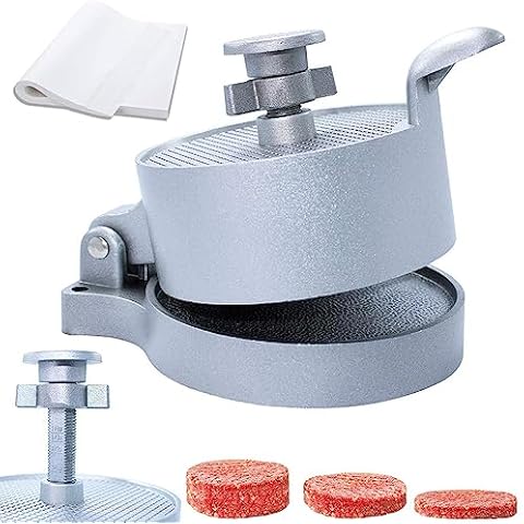 laffeya Burger Press, Hamburger Maker with 50 Non Stick Patty Papers, Adjustable Burger Press Makes 4 1/2" Patties, 1/4Lb to 3/4Lb (Burger Press with Paper) Cover