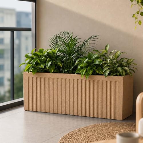 Image of Go Hooked Rectangular Planter Pot (24x12) Inch | Sandstone Ribbed Design Plastic Flower Pot for Indoor Outdoor Balcony Garden Window Railing Patio | Polymer Decorative Plant Container