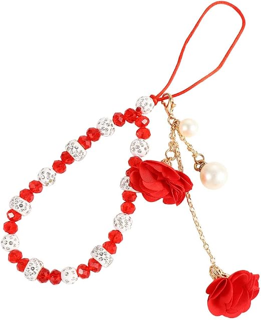 Mobile Phone Strap Bling Crystal Wrist Straps Short Cord Mobile Phone Accessories Bracelet Beads Chain Hanging Cord Tassel Lanyard(red)