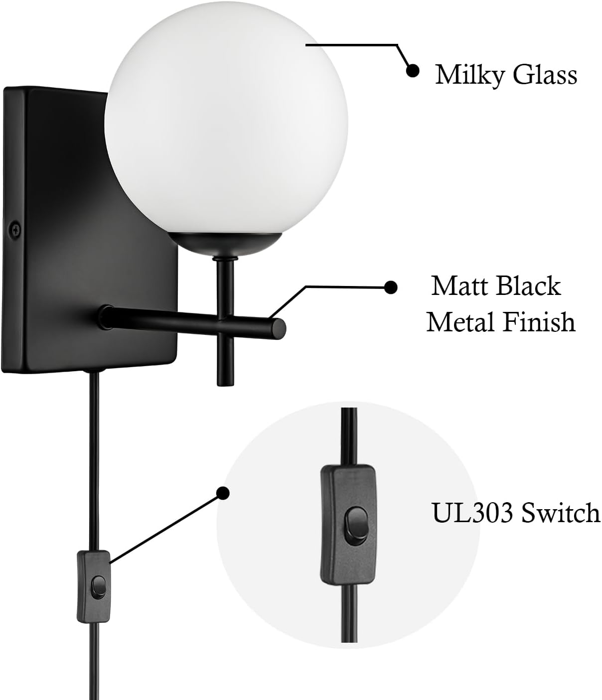 Black Wall Sconces Set of Two Plug in Wall Light Fixtures Globe Modern Wall Lamp Plug in Milky Glass Bedroom Living Room Bathroom Hallway Bedside
