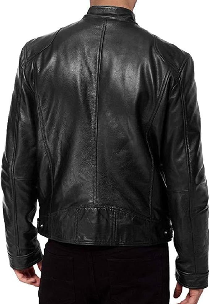 Maiyifu-GJ Men's Faux Leather Jacket Stand Collar Motorcycle Leather Jackets Casual Lightweight Zip Up Biker Coat (Black,X-Large)