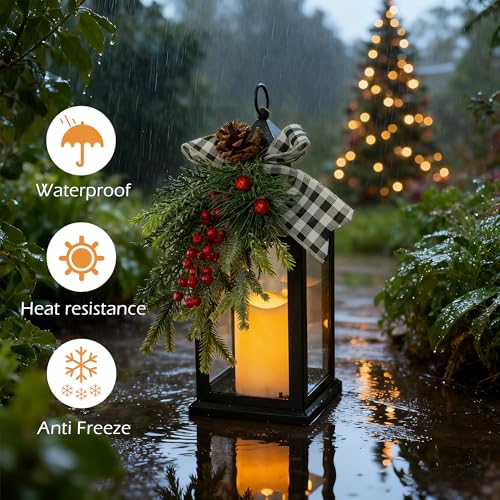 Image of Christmas Decorative Lantern with LED Candle - Black Lantern with Pinecones, Black Bow - Battery Operated Christmas Table Centerpiece for Indoor Decor(1pack)