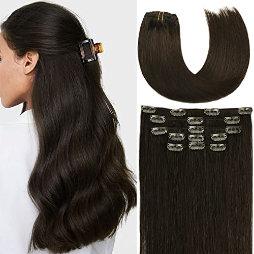 Hair Extensions Clip in Human Hair, Dark Brown Hair Extensions 70g 7pcs 15Inch Real Human Hair Soft Thick Human Hair Extensios for Women Natural Clip In Human Hair Extensions No Shedding