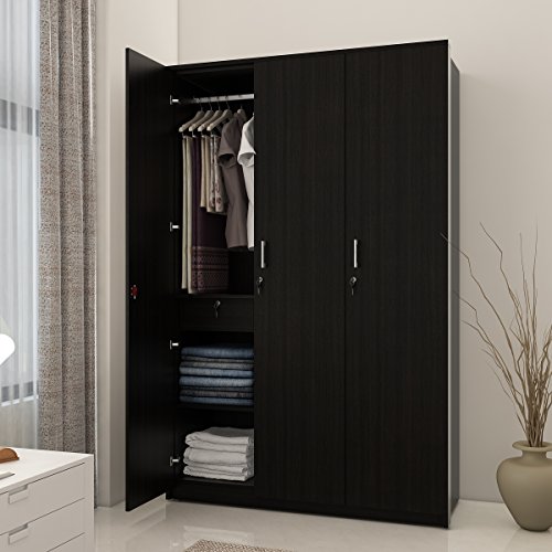 Image of Spacewood Value Wardrobe | 3 Year Warranty | Almirah, Cupboard, Almari, 3 Door Wardrobe, 1 Drawer (1 Lock Drawer) and 1 Hanging Space|Engineered Wood| Natural Wenge