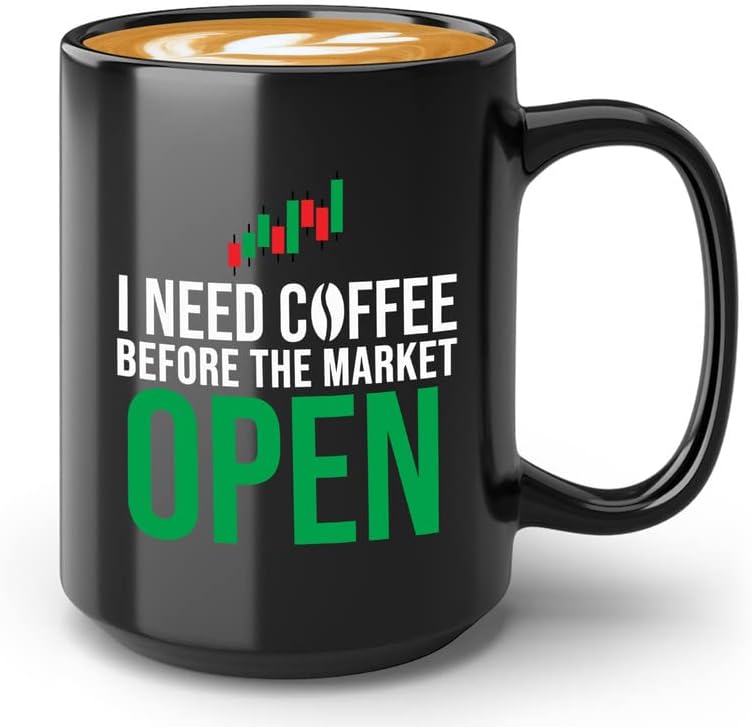 Miniatura 1 de Taza de café del mercado de valores 15oz Negro - Necesito café antes de que se abra el mercado - Mercado de Valores Corredores Asesor Financiero