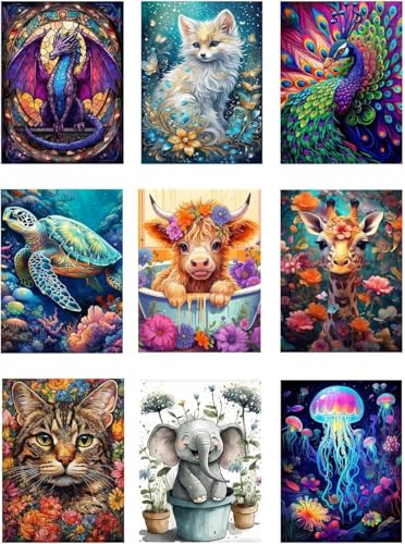 BEAYIOU 9 Pack Animal Diamond Painting Kits for Adults，5D DIY Cow Elephant Dragon Diamond Art Kits for Beginners Round Full Drill Painting with Diamonds Gem Art for Home Wall Decor Gift12X16Inch
