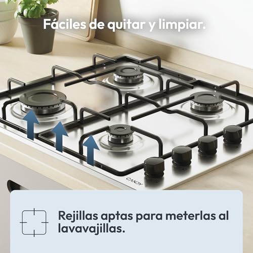 Miniatura 5 de Candy Idea CHW6LBX/4U2, Placa de Gas, 4 Fuegos, 60CM, Gas Natural Adaptable a Gas Butano, 7,2KW de Potencia, Mandos Independientes Laterales, 2 Rejillas, Sistema de Seguridad en Llama, Inox