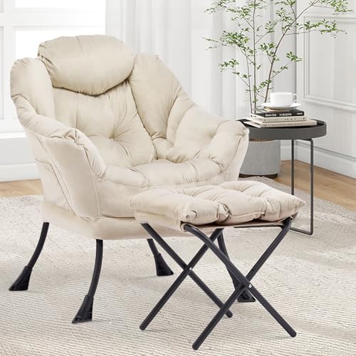 Aunekiv - Aunekiv Lazy Chair with Ottoman, Comfy Upholstered Reading Armchair, Modern Accent Lounge Chair with Big Side Pocket, Leisure Single Sofa Chairs for Bedroom, Living Room, Dorm Room, Beige