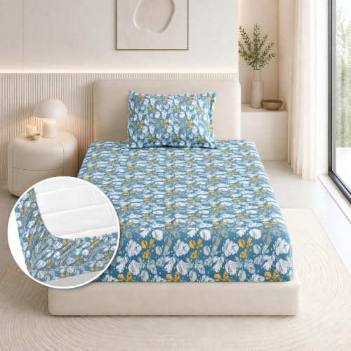 Image of Haus & Kinder Elastic Bedsheet Single Bed, 37 x 78 x 11 Inches Single Bedsheet Cotton Elastic Fitted with 1 Pillow Cover, Pure Cotton 186 TC, Breathable Wrinkel Free - Golden Birch Symphony